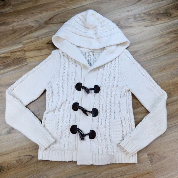 💜Caslon Ivory Cable Knit Button Hooded Long Sleeve Cardigan Medium - Picture 2 of 13